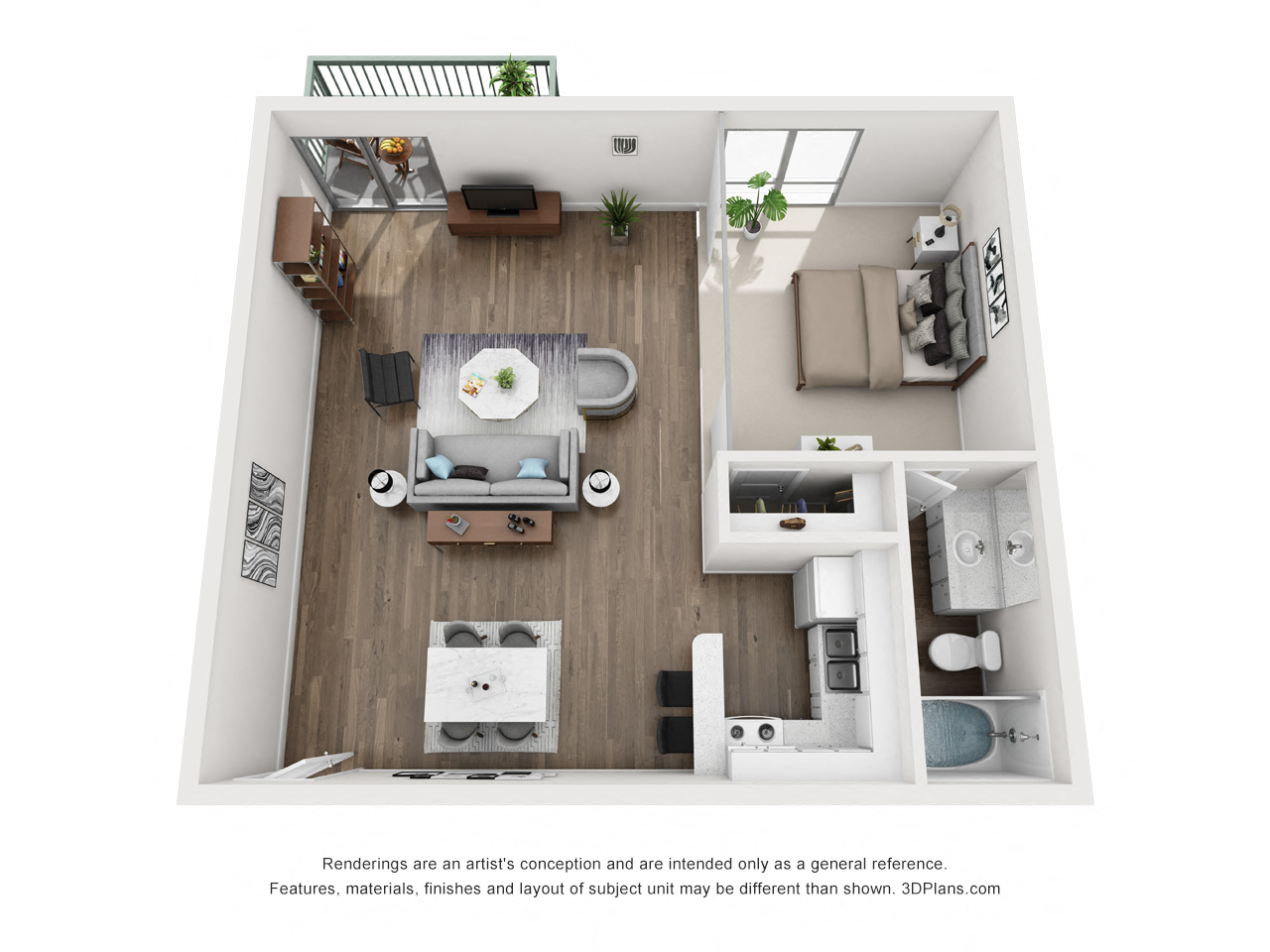 Floor plan for studio, 1 bath, 523 sqft